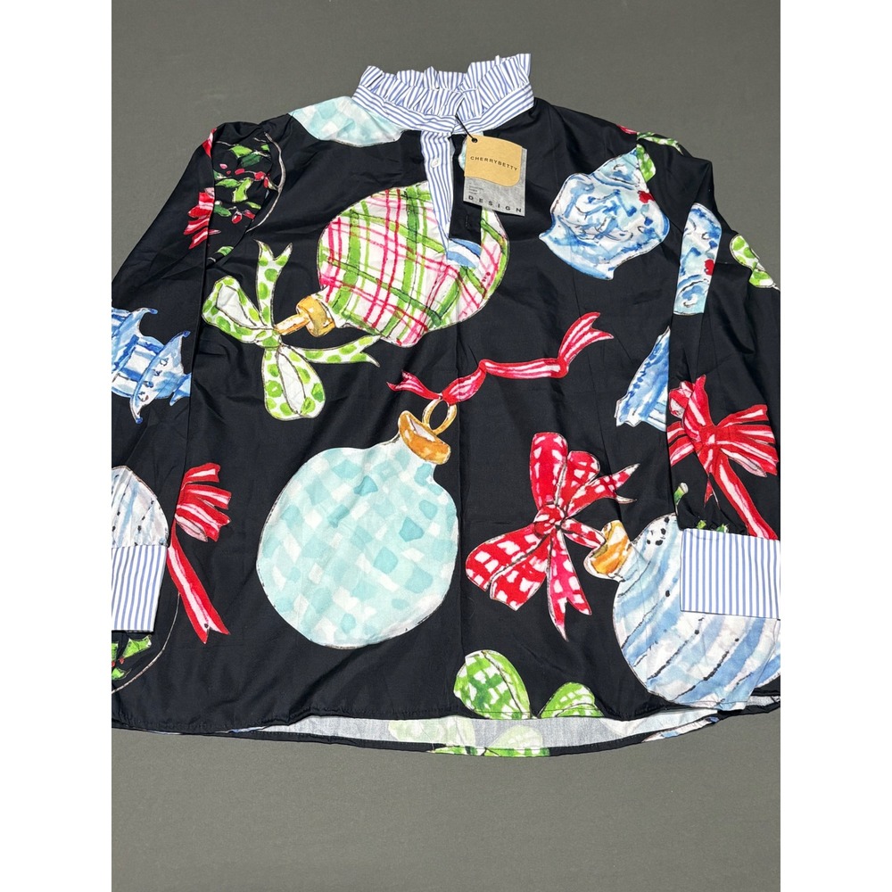 CherryBetty Christmas Ornament Print Blouse Striped Ruffle Collar XXL New